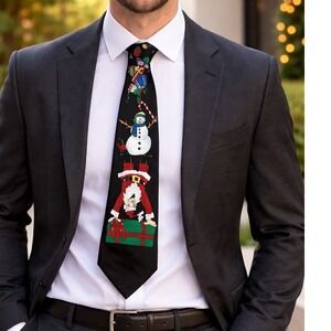 Hallmark Yule Tie Greetings Santa Snowman Necktie Mens Black Christmas Novelty